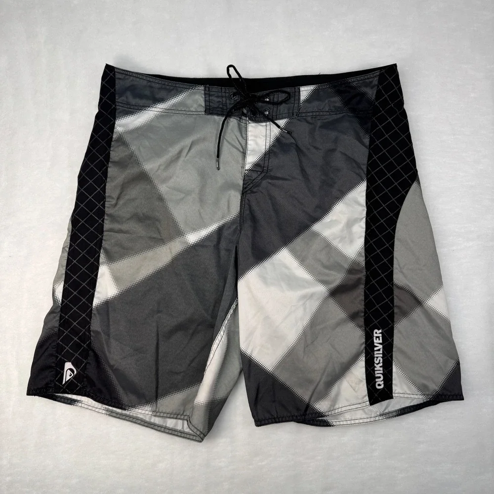 Vintage Quiksilver Neo Fly 2.0 Board Shorts Gray Plaid Surf Swim Men's 36 Y2K L